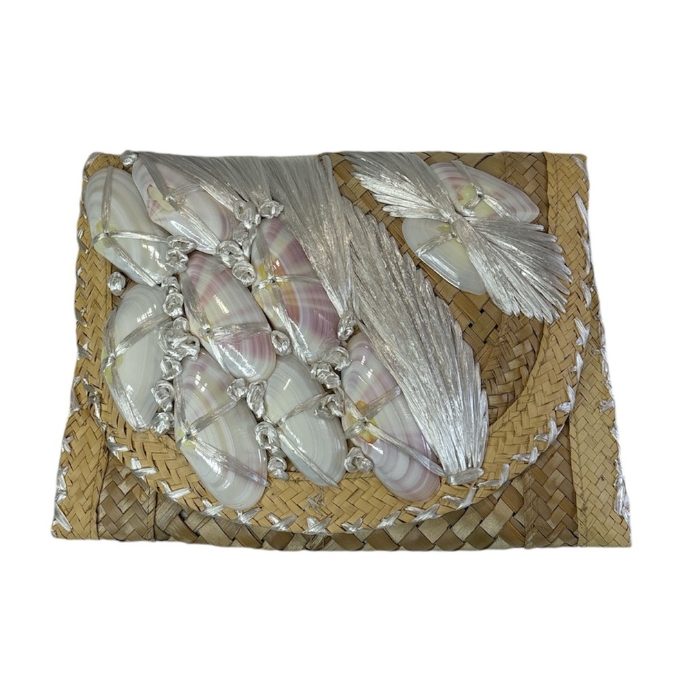 Vintage Raffia Straw And Shell Boho Clutch Handbag Summer Beach Envelope Bag